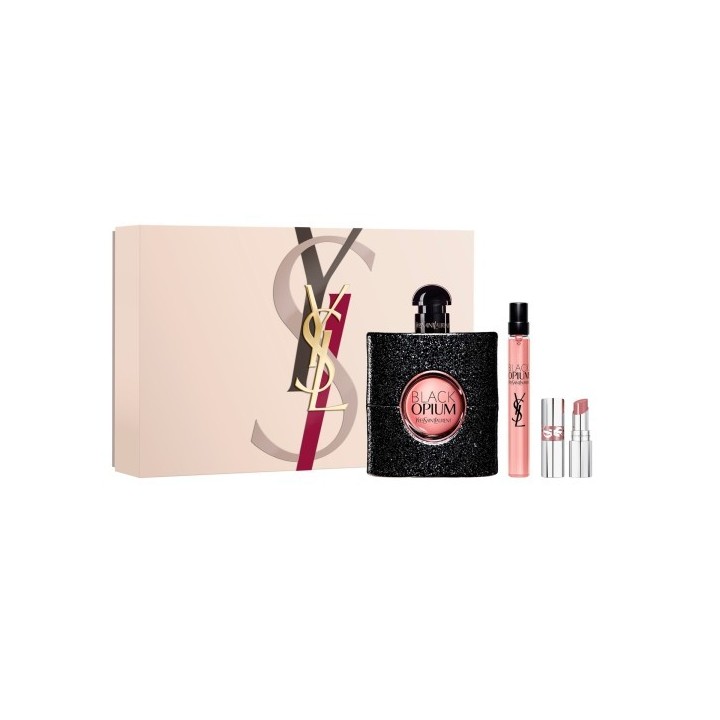 Set de perfume black opium de ysl para mujer con botella negra brillante y estuche vista frontal