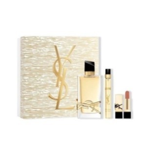 Set estuche dorado YSL Libre eau de parfum para mujer vista frontal con botella