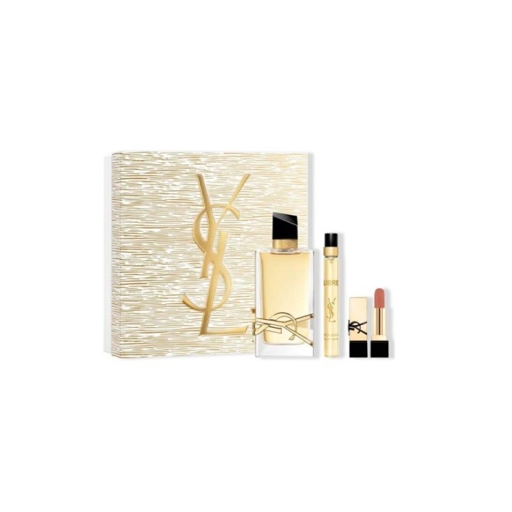 Set estuche dorado YSL Libre eau de parfum para mujer vista frontal con botella