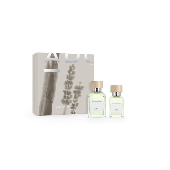 Set de perfume A. Dominguez para hombre con tapones de madera y liquido verde vista frontal