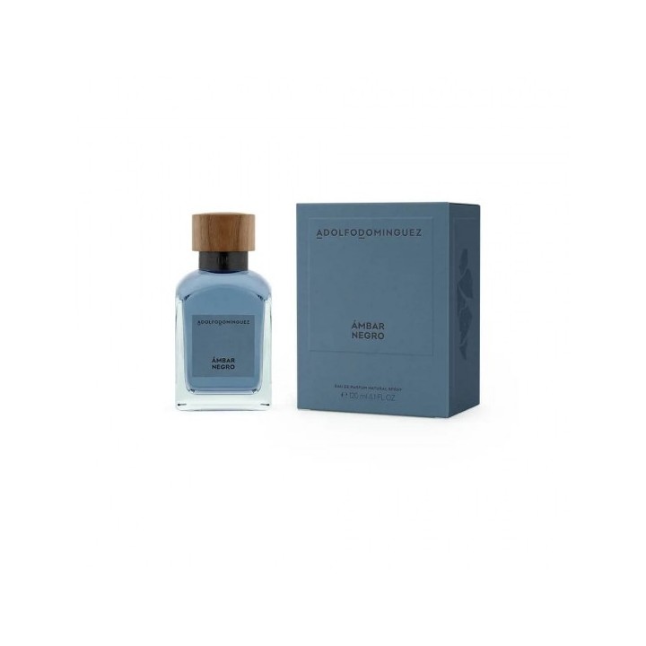 Perfume Ámbar Negro de Adolfo Domínguez unisex 120 ml vista frontal de frasco y estuche