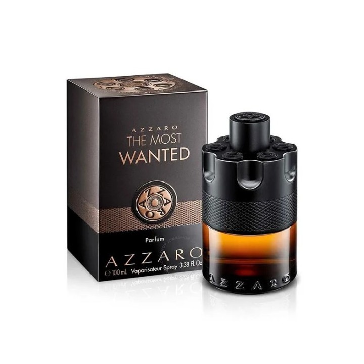 perfume azzaro the most wanted para hombre frasco ámbar y negro vista frontal