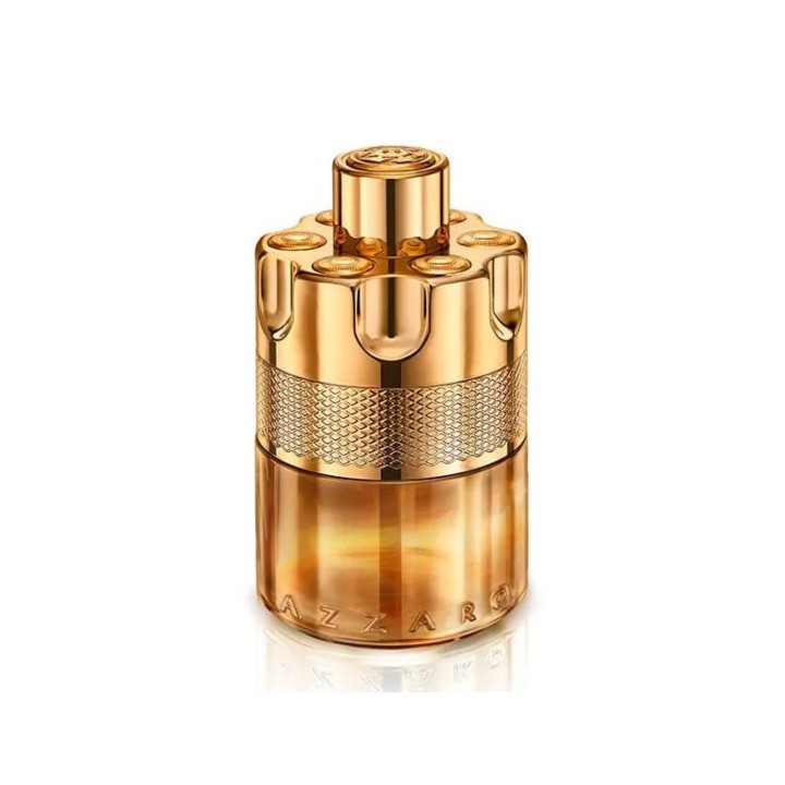 Frasco dorado de perfume Azzaro Wanted Forever para hombre vista frontal