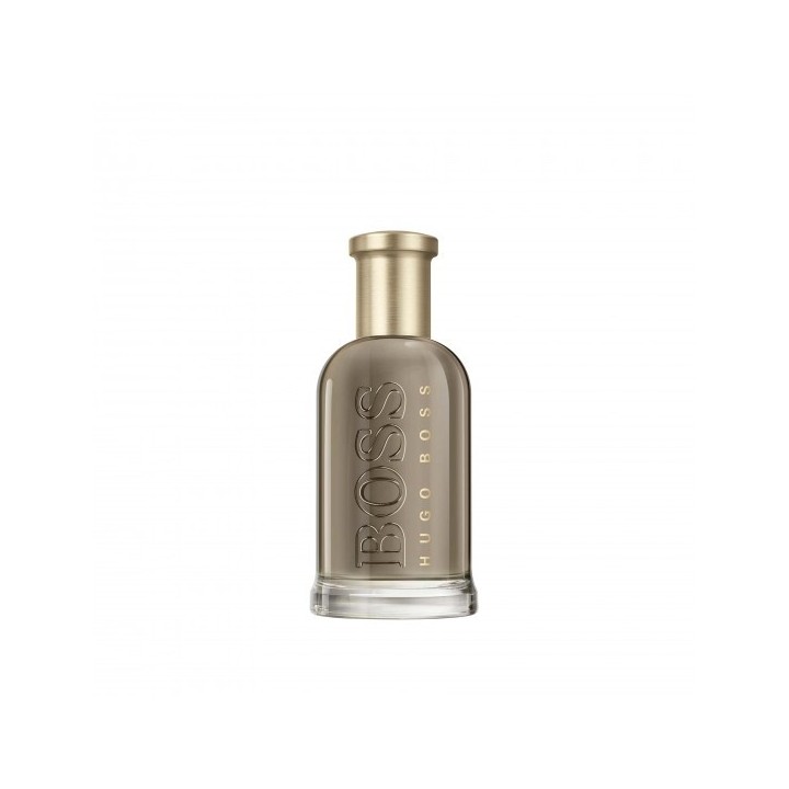 Perfume Boss Bottled para hombre en botella marron con tapa dorada vista frontal