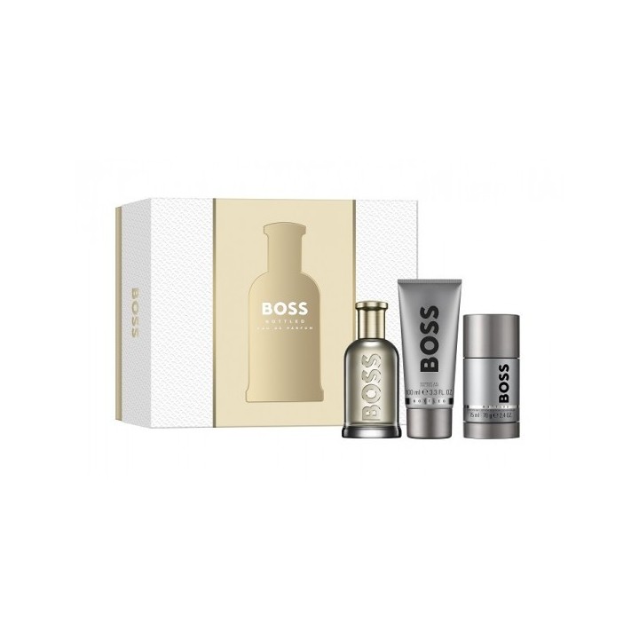 Set de perfume Boss Bottled EDP 100 ml para hombre en estuche gris y dorado vista frontal
