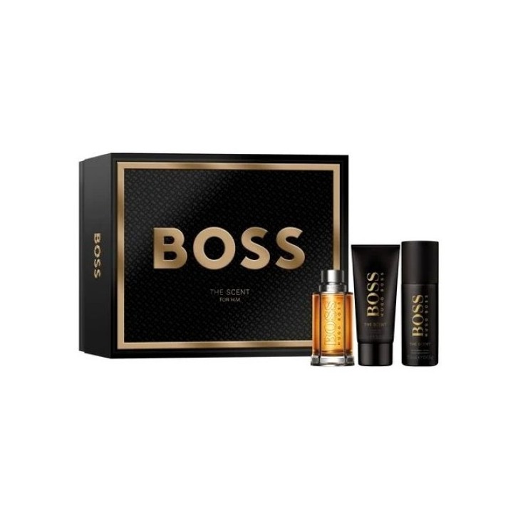 Estuche de perfume Boss The Scent para hombre en caja negra con frasco ámbar vista frontal