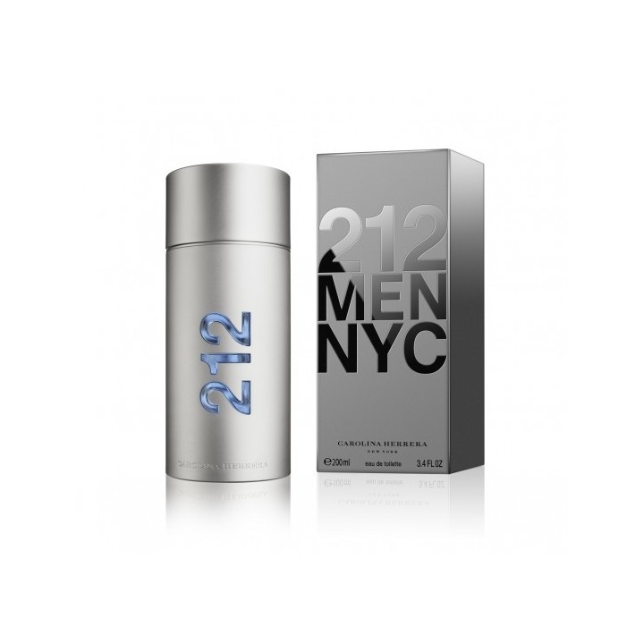 Perfume 212 de c herrera para hombre en frasco metálico plateado vista frontal