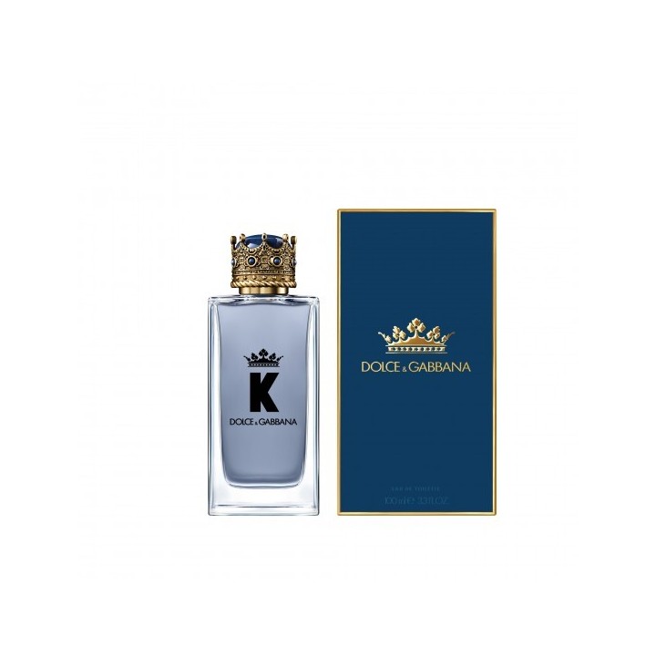Perfume K de Dolce Gabbana para hombre frasco azul con tapón corona vista frontal