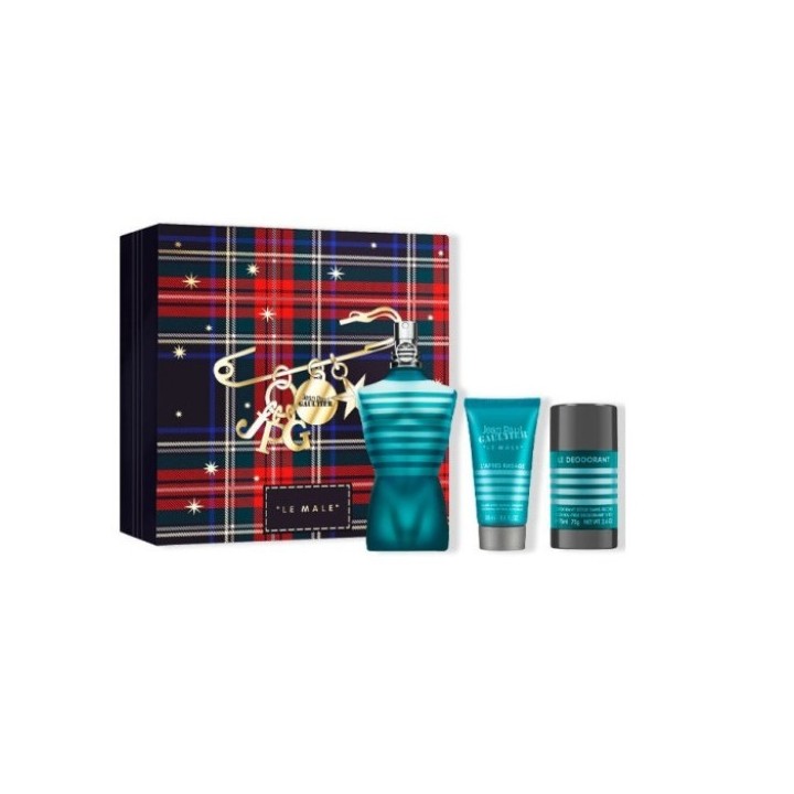 Set regalo de perfume Gaultier Le Male para hombre en color turquesa con estuche a cuadros vista frontal