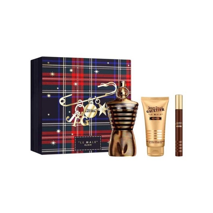 Estuche de perfume Gaultier Le Male Elixir para hombre con frasco dorado vista frontal