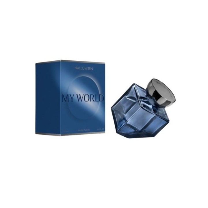 Perfume Halloween My World para mujer en frasco azul vista frontal
