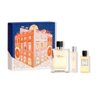 Set de perfume Terre Hermes para hombre con estuche ilustrado azul y naranja y botellas vista frontal