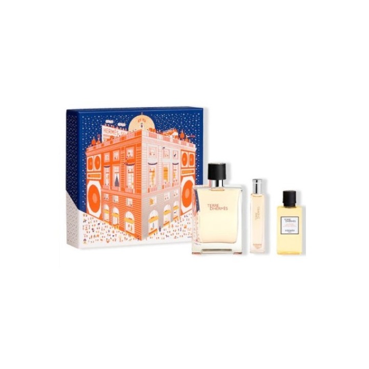 Set de perfume Terre Hermes para hombre con estuche ilustrado azul y naranja y botellas vista frontal