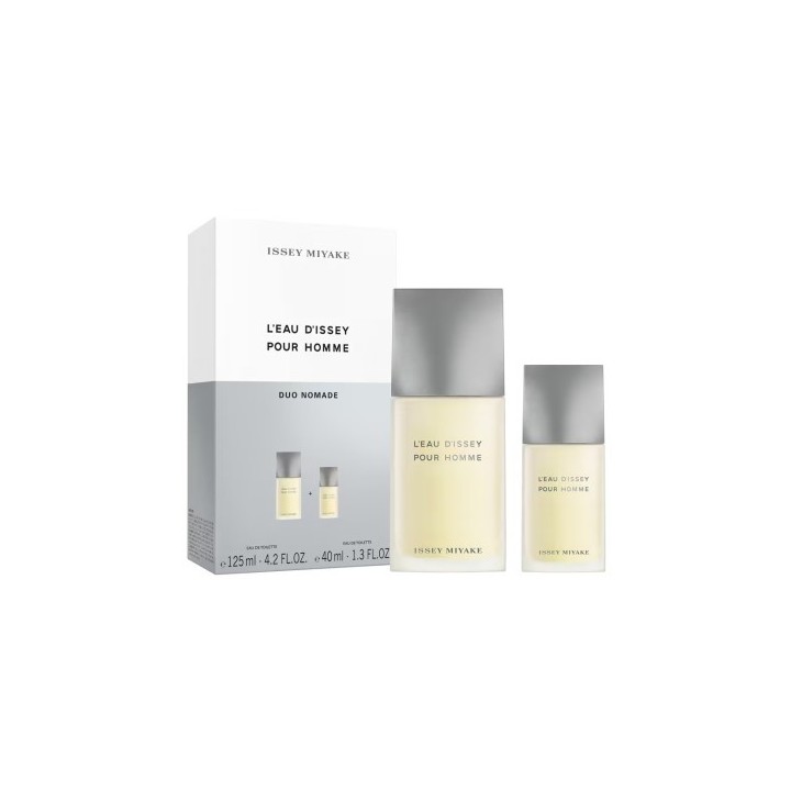 Pack de agua de toilette Issey Miyake para hombre con frascos transparentes y tapon plateado vista frontal