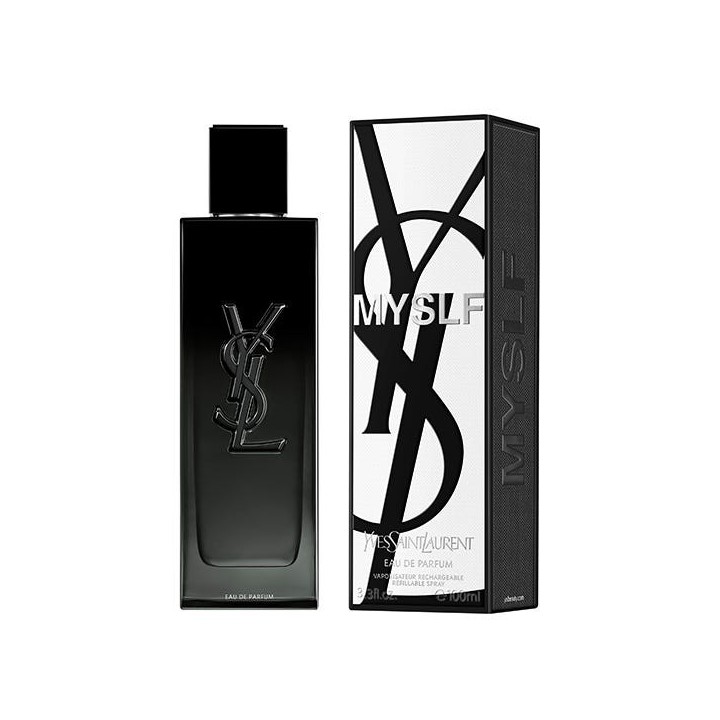 Perfume YSL Myself eau de parfum negro degradado vista frontal junto a la caja