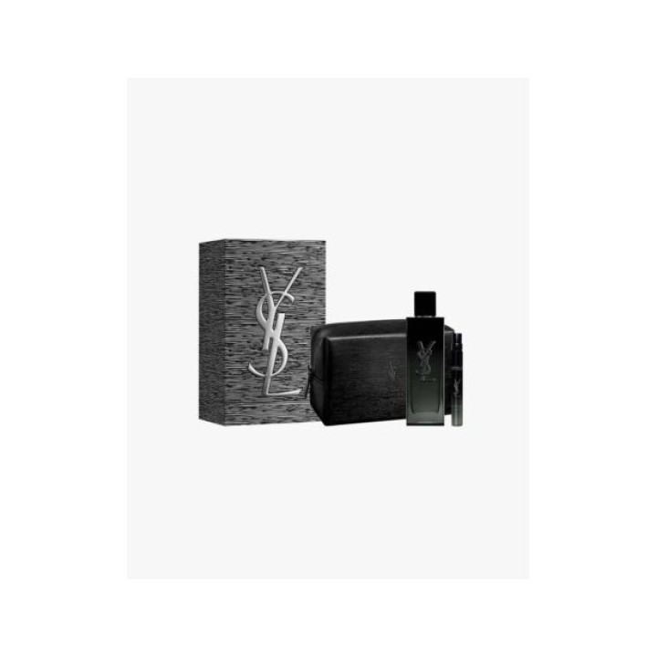 Estuche regalo de perfume ysl negro con frasco y neceser vista frontal