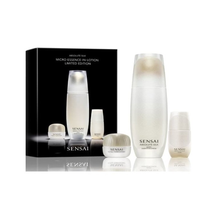 Set de cuidado facial Sensai Absolute Silk micro essence in lotion en envases perlados vista frontal