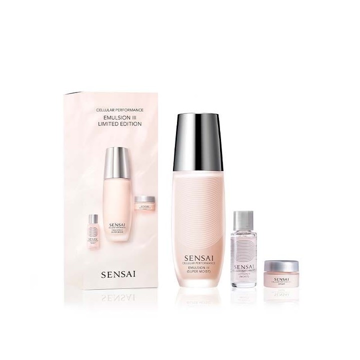 Set facial Sensai emulsión hidratante rosa vista frontal con frascos y tarro