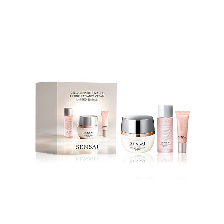 Set de cuidado facial Sensai con crema lifting radiance y suero en estuche rosa vista frontal