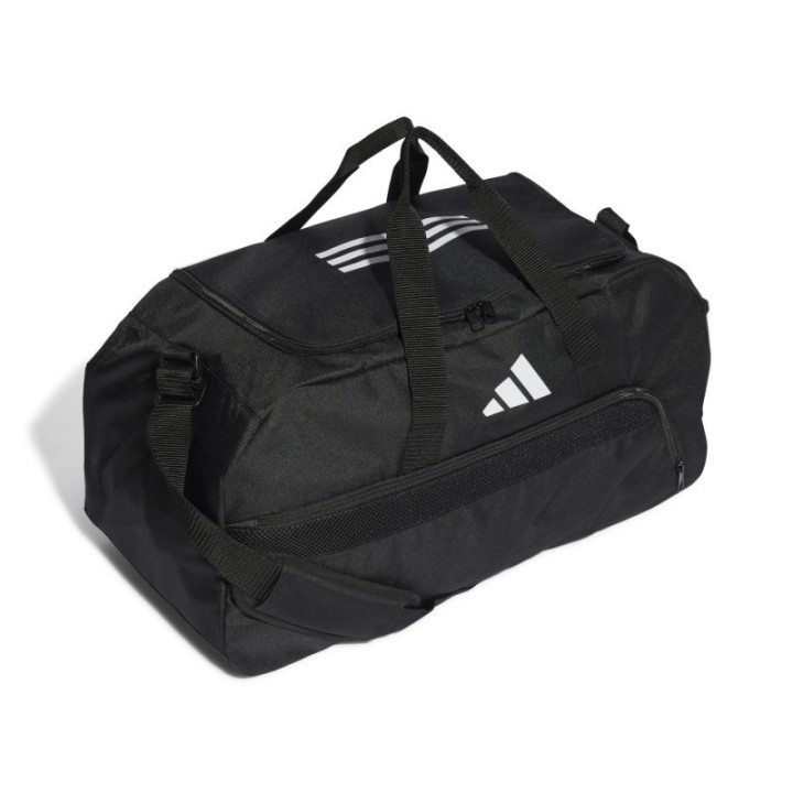 Bolsa duffle adidas unisex negra y blanca vista tres cuartos