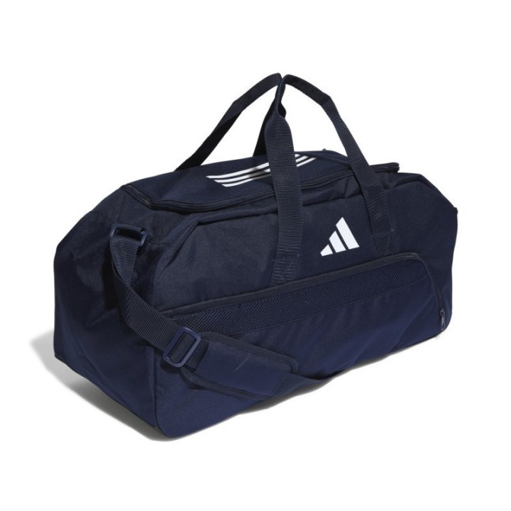 Bolsa duffle Adidas unisex azul marino con logotipos blancos vista tres cuartos