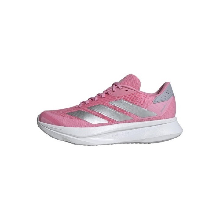 Zapatillas running rosa para mujer Adidas vista lateral con bandas plateadas