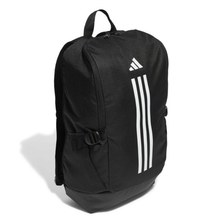 Mochila Adidas unisex negra con tres franjas blancas vista frontal