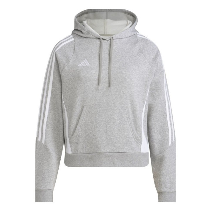 Sudadera con capucha Adidas para mujer gris jaspeado con tres franjas blancas vista frontal
