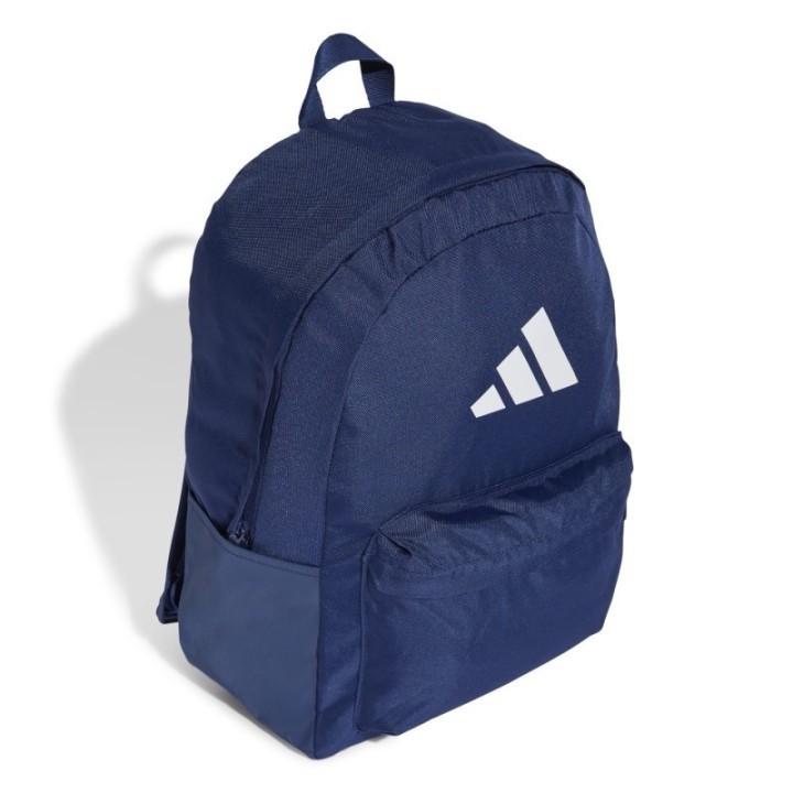 Mochila unisex adidas azul oscuro con logo blanco vista frontal