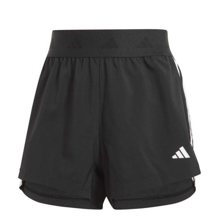 Shorts Adidas deportivos negros para mujer con forro interior y logo blanco vista frontal