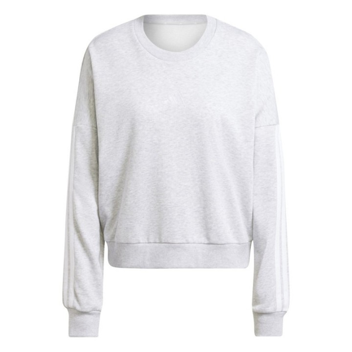 Sudadera adidas para mujer gris claro con tres franjas blancas en las mangas vista frontal