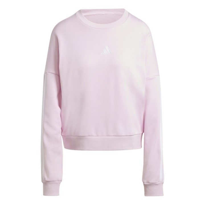 Sudadera rosa claro Adidas para mujer vista frontal con logo y franjas blancas