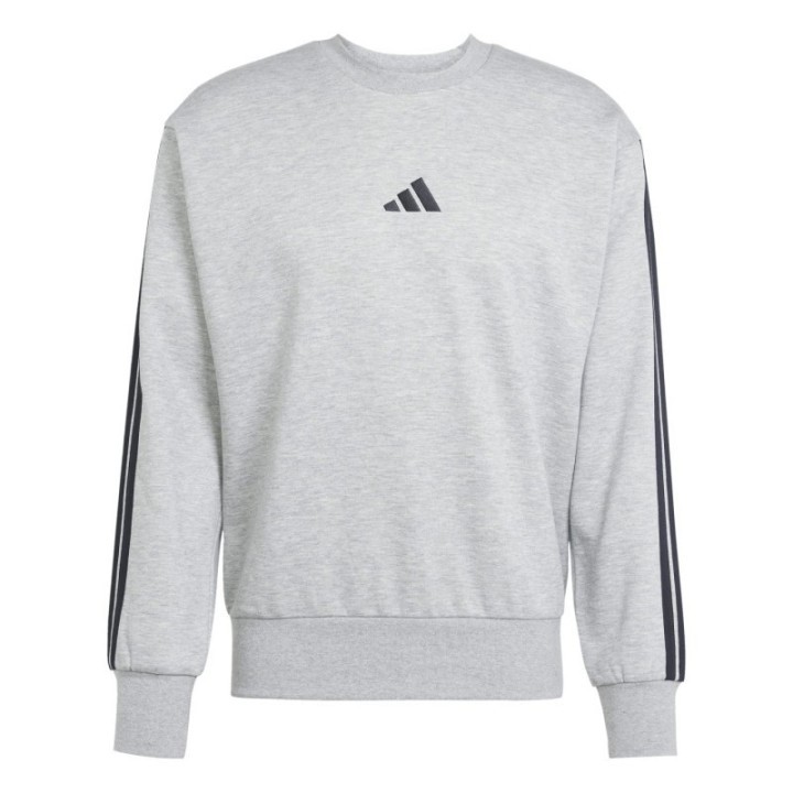 Sudadera gris jaspeada para hombre Adidas vista frontal con logo central y tres franjas en las mangas