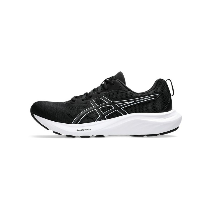 Zapatillas de running negras para hombre Asics vista lateral con suela blanca