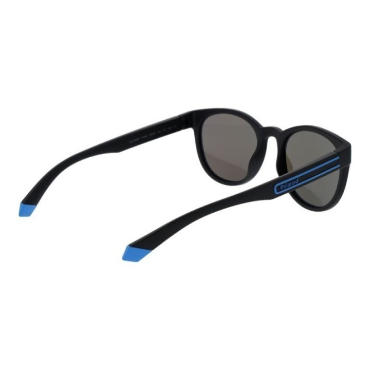 Gafas de sol unisex Polaroid montura negra con lentes polarizadas azul espejo vista frontal