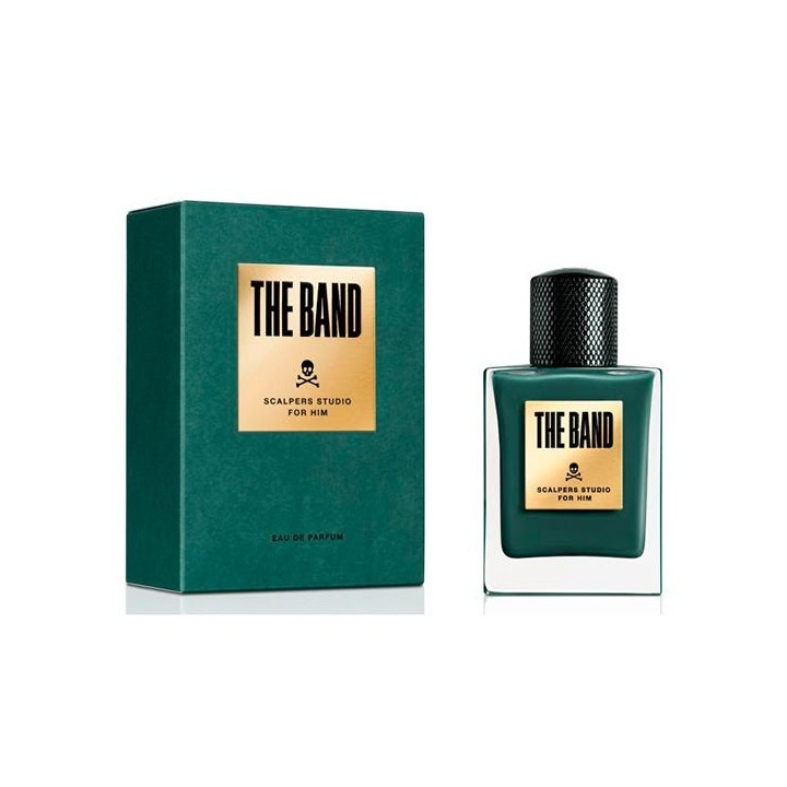 Perfume The Band de Scalperspara hombre, frasco verde con etiqueta dorada y estuche vista frontal