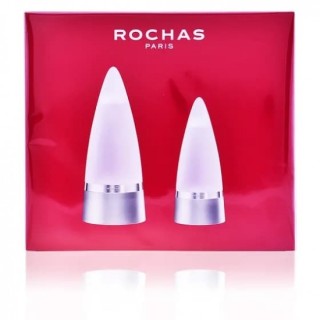 Estuche de perfume Rochas para hombre en caja roja con botellas blancas, vista frontal