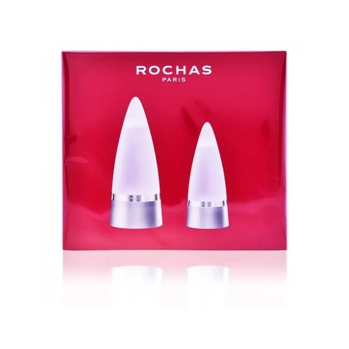 Estuche de perfume Rochas para hombre en caja roja con botellas blancas, vista frontal