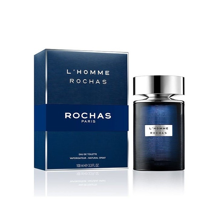 colonia Rochas l homme para hombre frasco azul con caja vista frontal