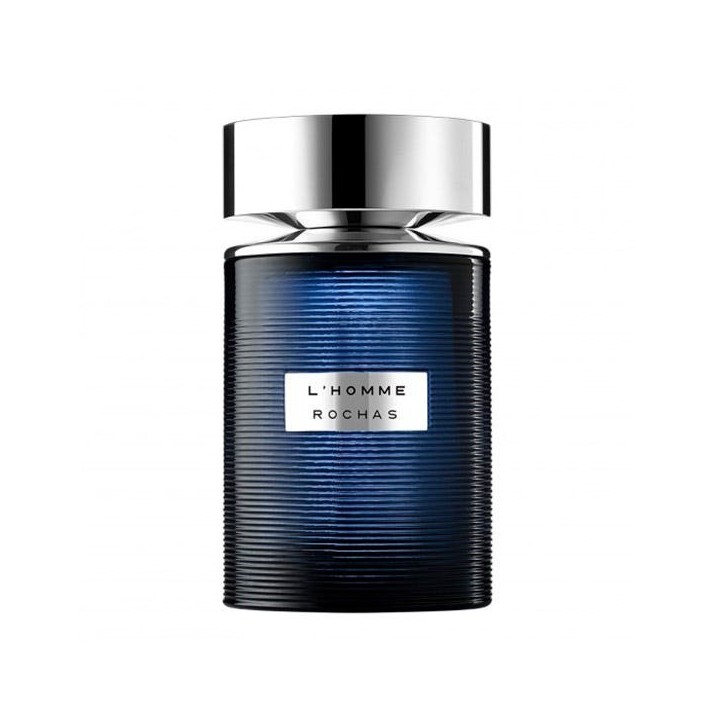 Perfume Rochas para hombre en frasco azul con tapa metálica vista frontal