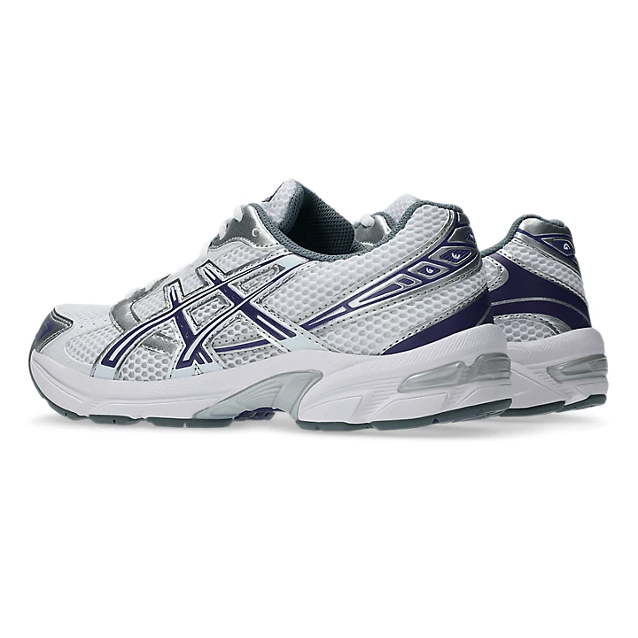Zapatillas Asics Gel 1130 casual blanco morado vista lateral izquierda dorsal plateados.
