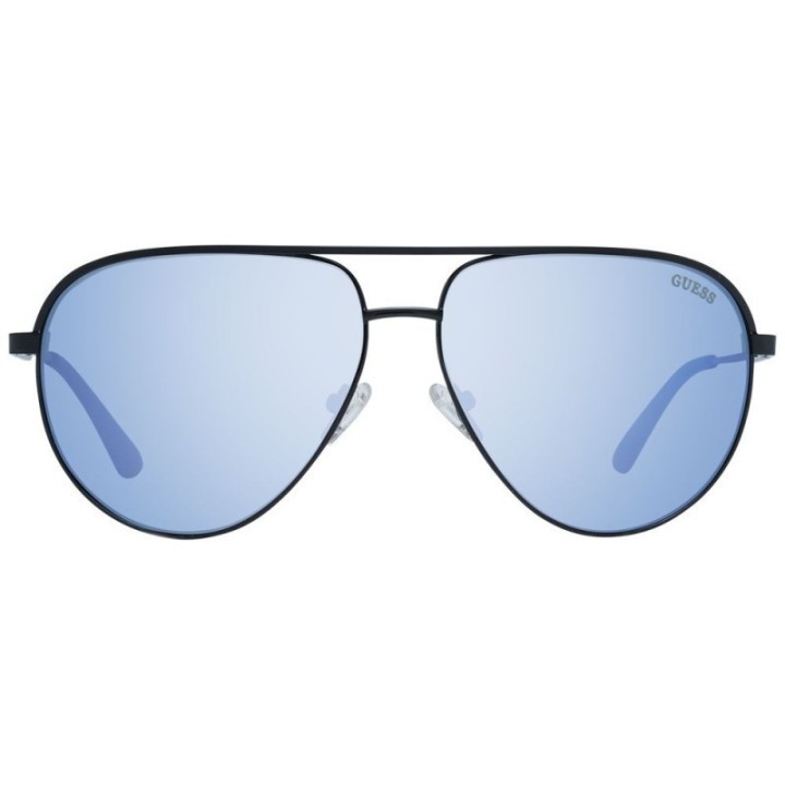 Gafas de sol Guess metálicas negras para hombre vista frontal con lentes azules espejadas