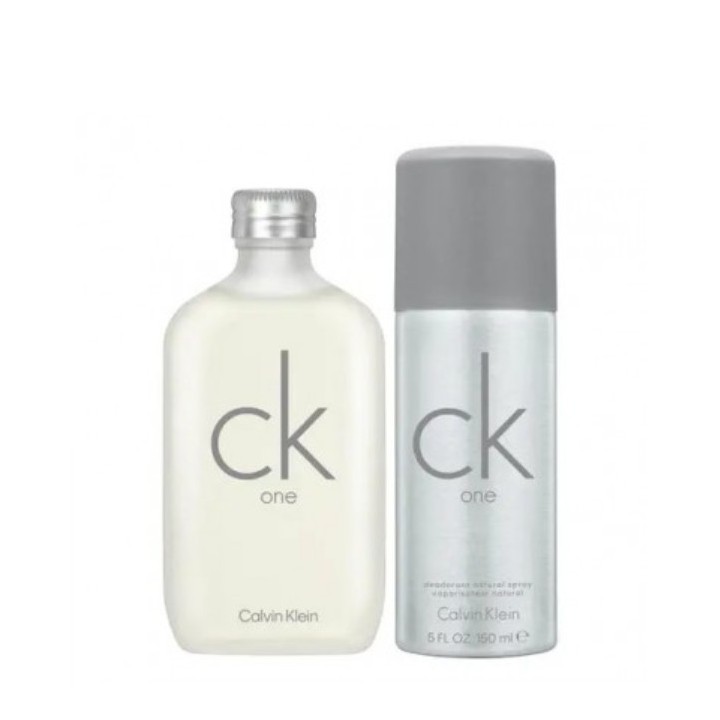 Estuche de perfume CK One de Calvin Klein unisex con botella transparente y desodorante