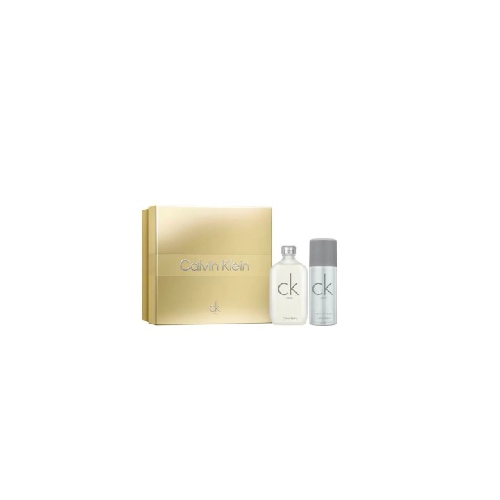 Estuche de perfume CK One de Calvin Klein unisex con botella transparente y desodorante