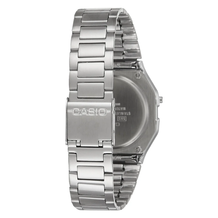 Reloj digital Casio unisex plateado con esfera dorada y pulsera de acero vista dorsal