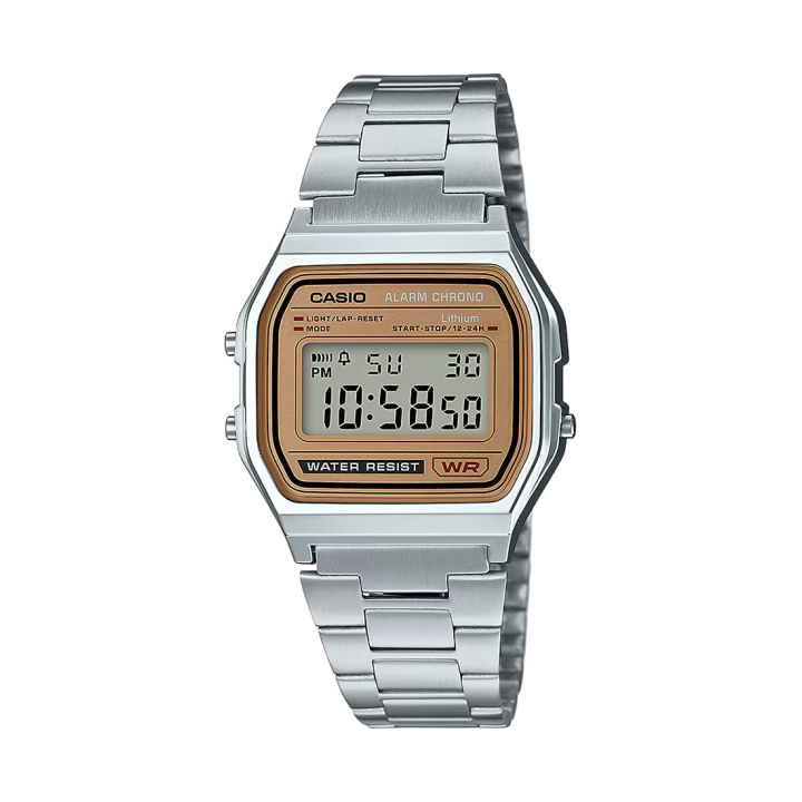 Reloj digital Casio unisex plateado con esfera dorada y pulsera de acero vista frontal