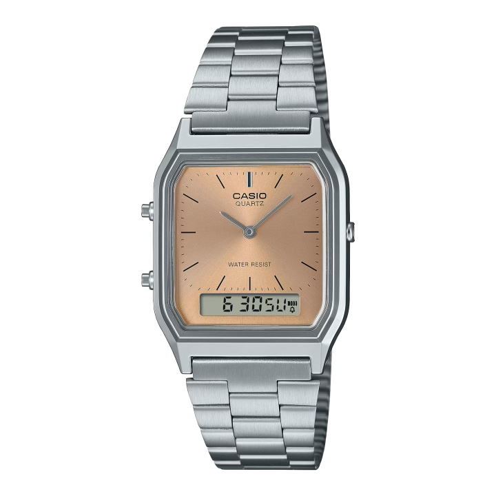 Reloj Casio unisex de acero plateado con esfera rosa y pantalla digital vista frontal