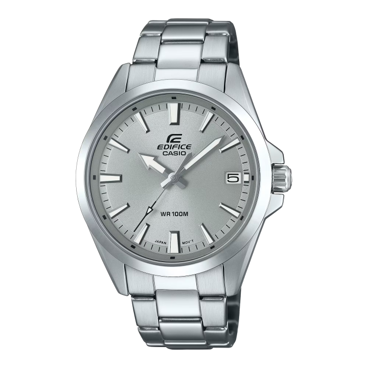 Reloj Casio Edifice unisex de acero plateado con esfera gris vista frontal