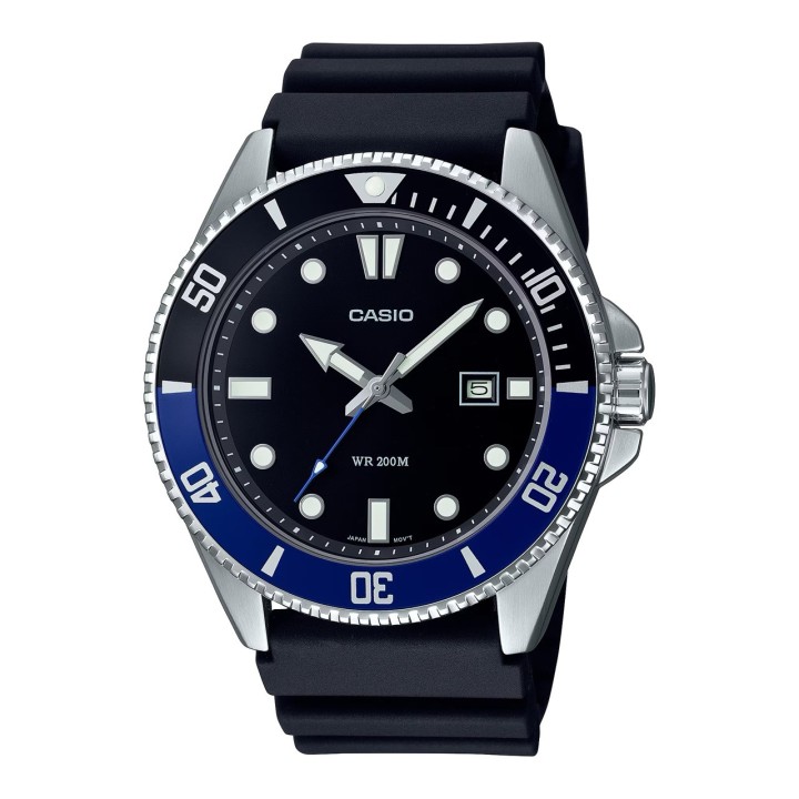 Reloj Casio unisex negro tipo buceo con bisel azul y correa de resina vista frontal