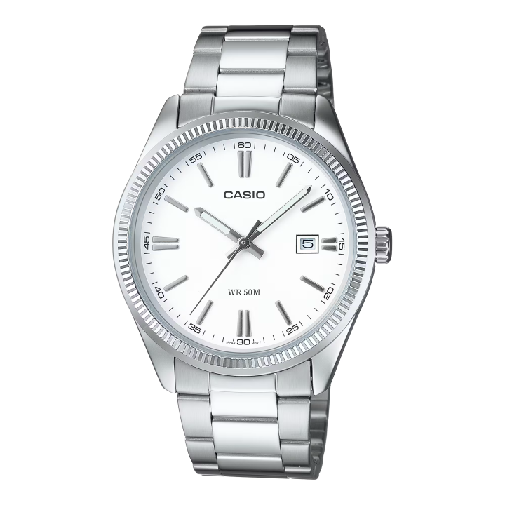 Reloj Casio unisex de acero plateado con esfera blanca y fecha vista frontal